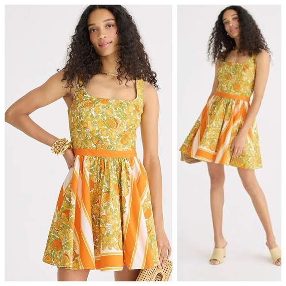 J. Crew | NWT Stefania Limone Lemon Citrus Scarf Print Dress | Orange/Yellow | 0 - Picture 1 of 15
